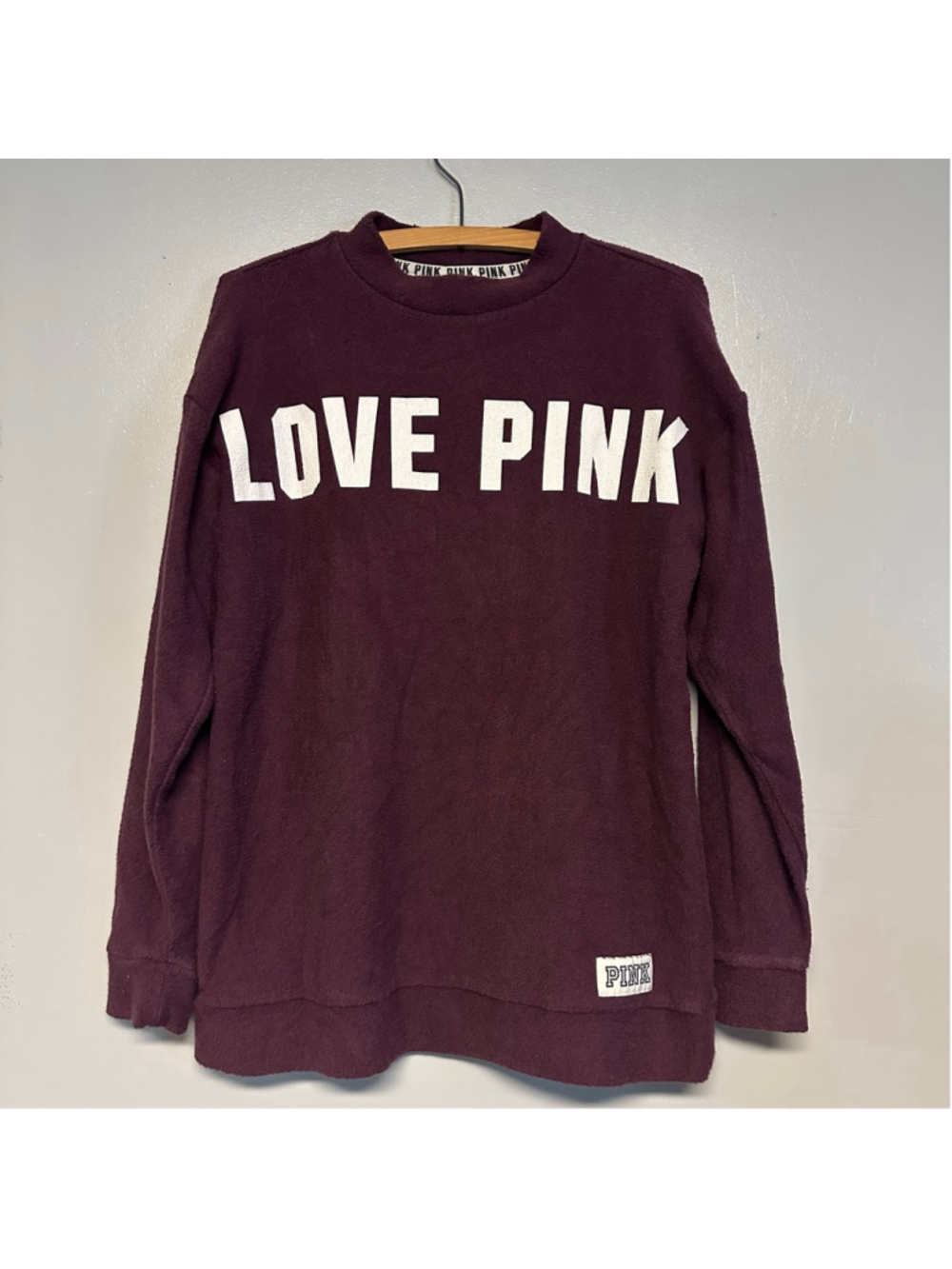 PINK Victoria's Secret Sweatshirt Oversized Size XS Burgundy White Terry Cloth